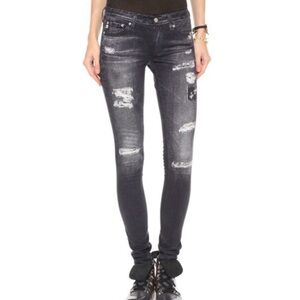 AG MID RISE NEVER WORN DISTRESSED SKINNY JEANS.